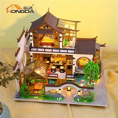 Hongda PC2314 2023 Lastet Design Poetic Charm Chinese Style Wooden Diy Miniature Kit With Light For Girls